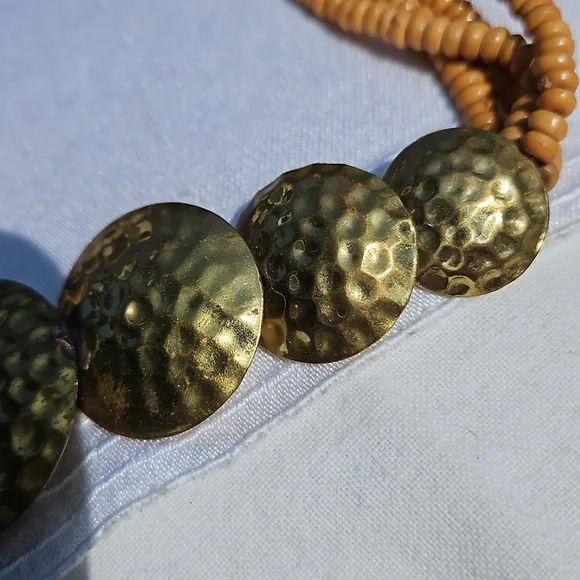 Vintage Celluloid Beaded Multi-strand into Brass Circles necklace #135 - Picture 7 of 9